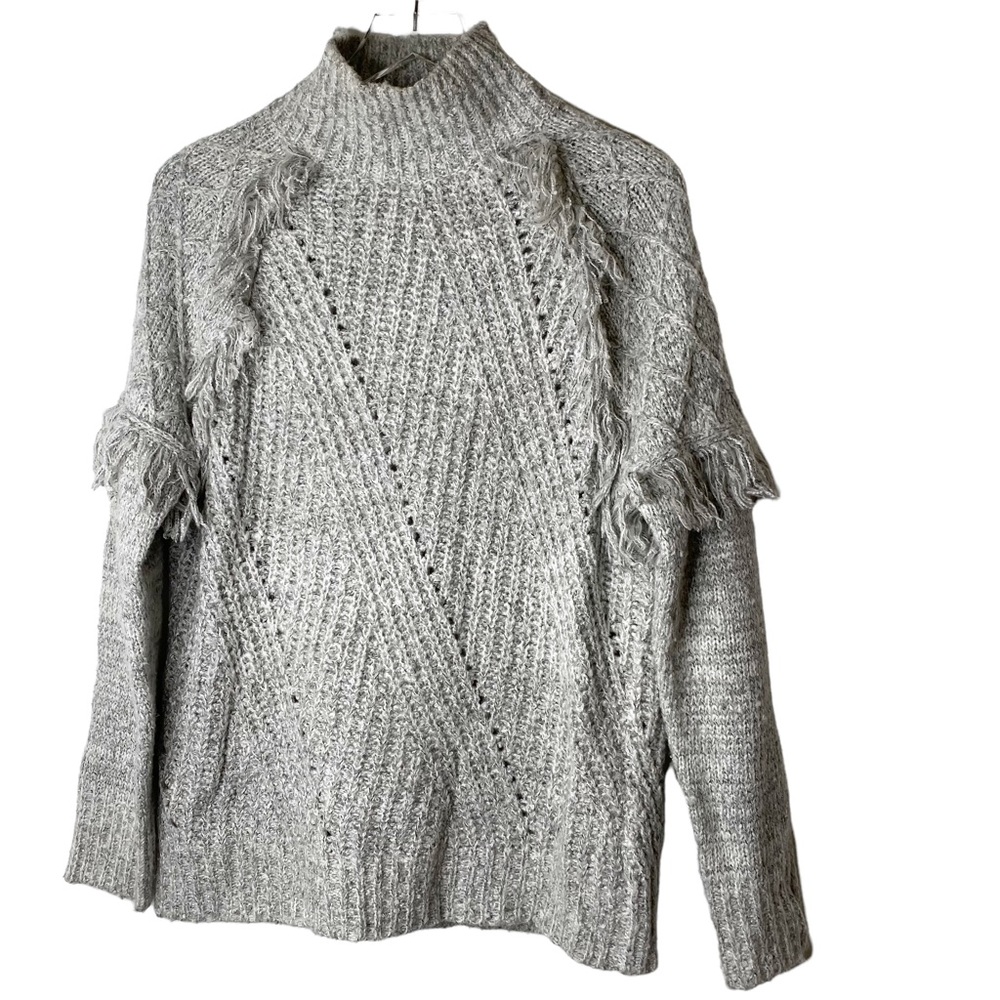 John & Jenn Chunky Mock Neck Fringe Boho Sweater Tan Grey Cream Size Medium - Picture 1 of 5
